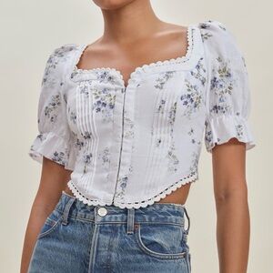 Reformation Simmie White Floral Puff Sleeve Blouse NWOT